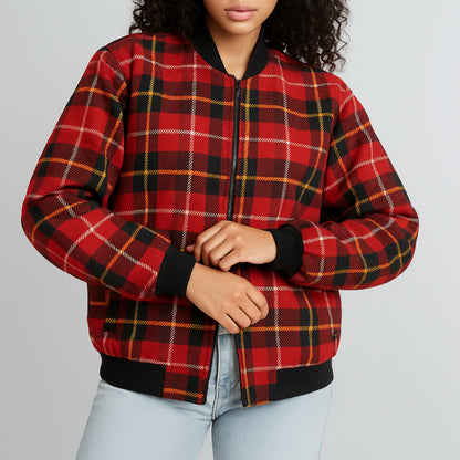 MacPherson – deep red with black and subtle yellow tartan Fleece Bomber Jacket