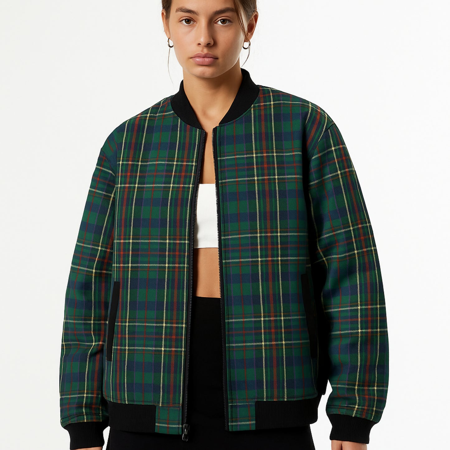 Scott Green – green with blue and black checks tartan Fleece Bomber Jacket