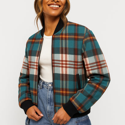 Person wearing a plaid jacket with a white background