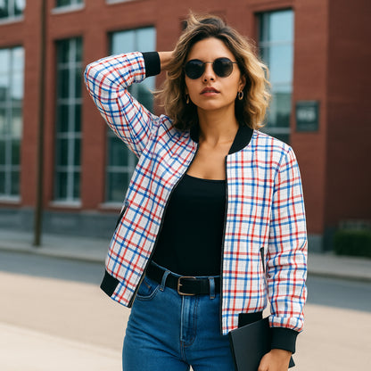 Fraser – red, blue and white tartan Fleece Bomber Jacket