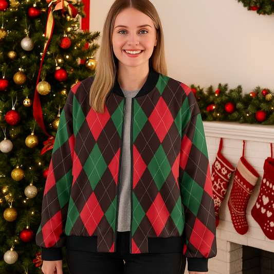 Urban Legend Christmas Argyle Pattern Seamless Fleece Bomber Jacket