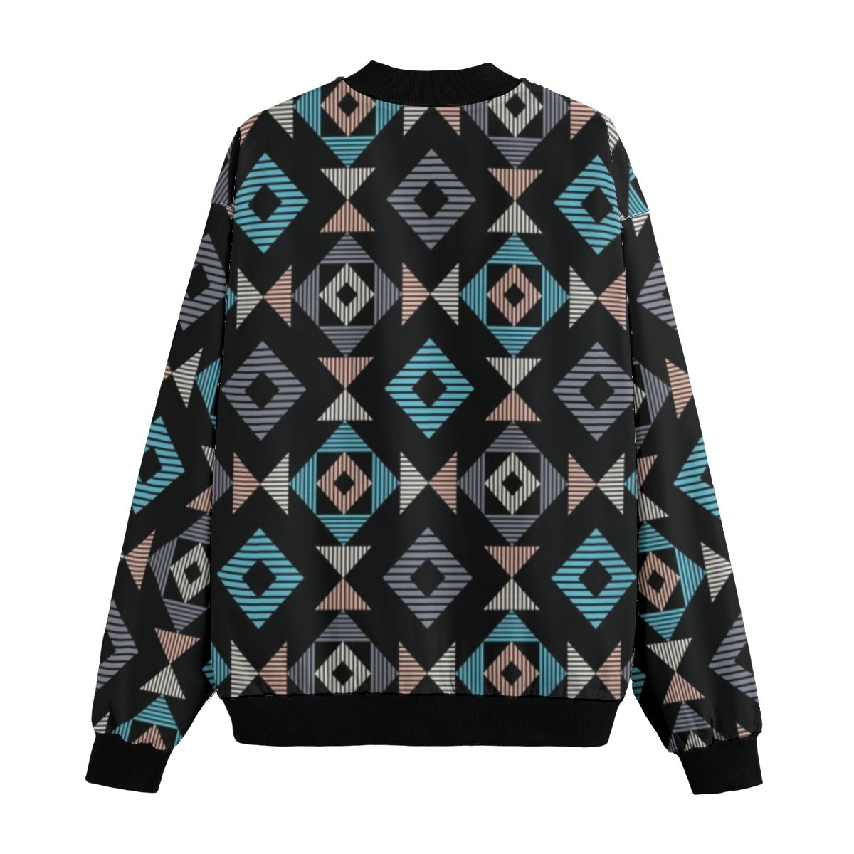 BoomBox Vibes Navajo Mosaic Rug Striped Fleece Bomber Jacket – Traditional Meets Streetwear