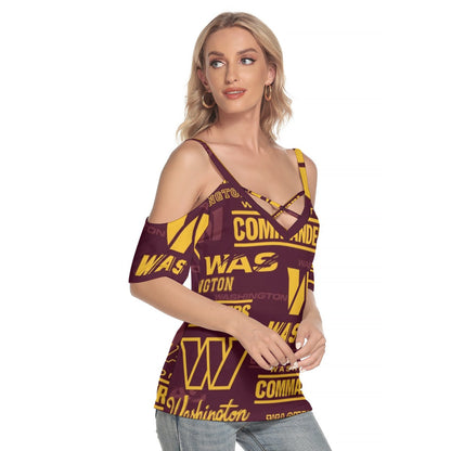 Washington Commanders Women's Cold Shoulder T-shirt With Criss Cross Strips