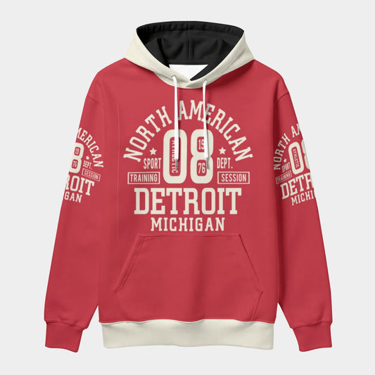 Red hoodie with white text on a light gray background