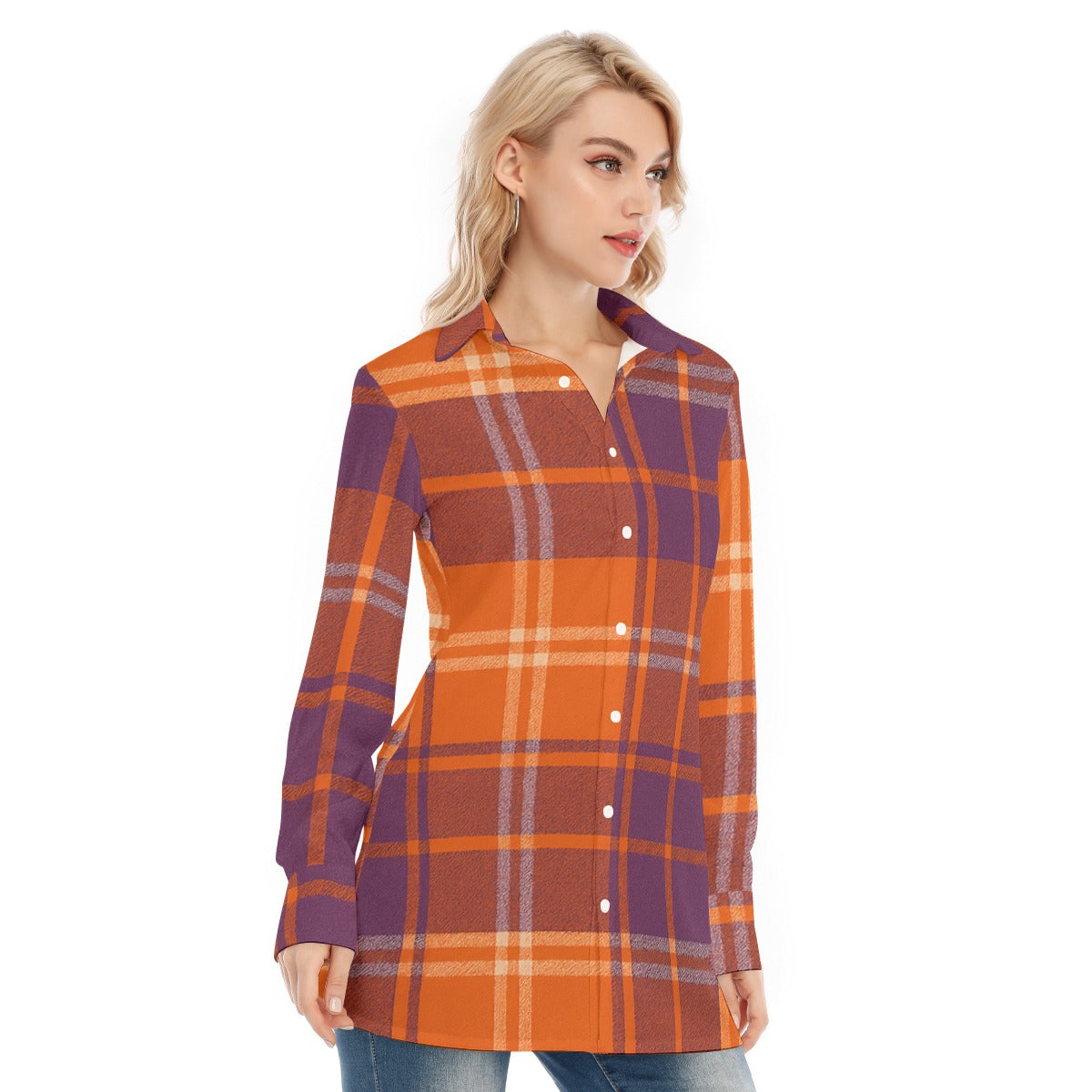 Clemson Tartan Plaid  Women's Long Shirt |115GSM Cotton poplin
