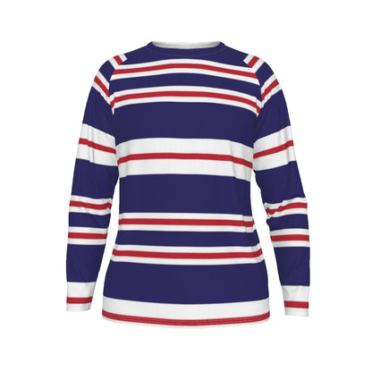Long-sleeve shirt with blue, red, and white horizontal stripes on a white background