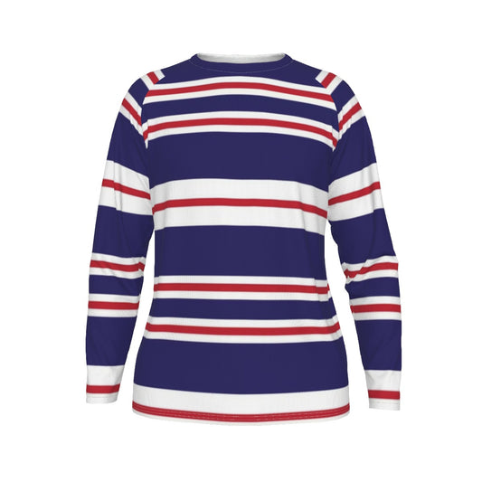 Long-sleeve shirt with blue, red, and white horizontal stripes on a white background