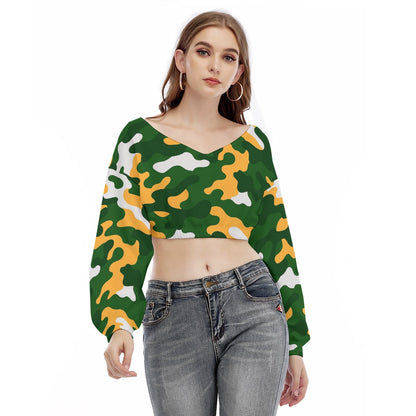 Green Bay Football Game Day All-Over Print Women's V-neck Long Sleeve Cropped Sweatshirt