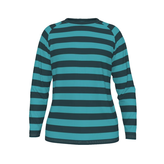 Teal and navy striped long-sleeve shirt on a white background
