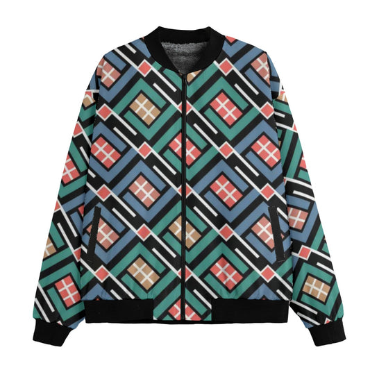 BoomBox Vibes Japanese Diamond Lines Fleece Bomber Jacket – Ethnic Streetwear Style
