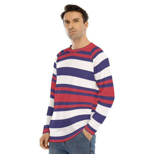 Man wearing a red, white, and blue striped sweater on a white background