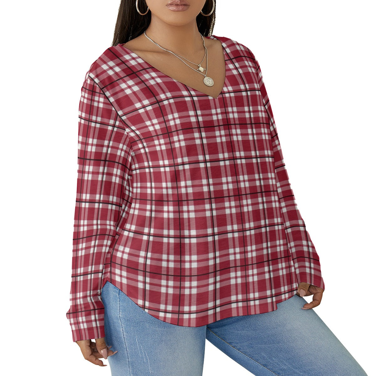 Alabama Tartan plaid  Women's V-neck T-shirt With Curved Hem(Plus Size)