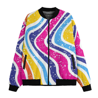 Spray Paint Drips Colorful Striped Fleece Bomber Jacket – Urban Streetwear with Graffiti Vibes