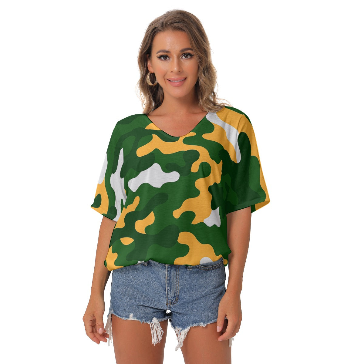 Green Bay Football Game Day All-Over Print Women's Bat Sleeves V-Neck Blouse