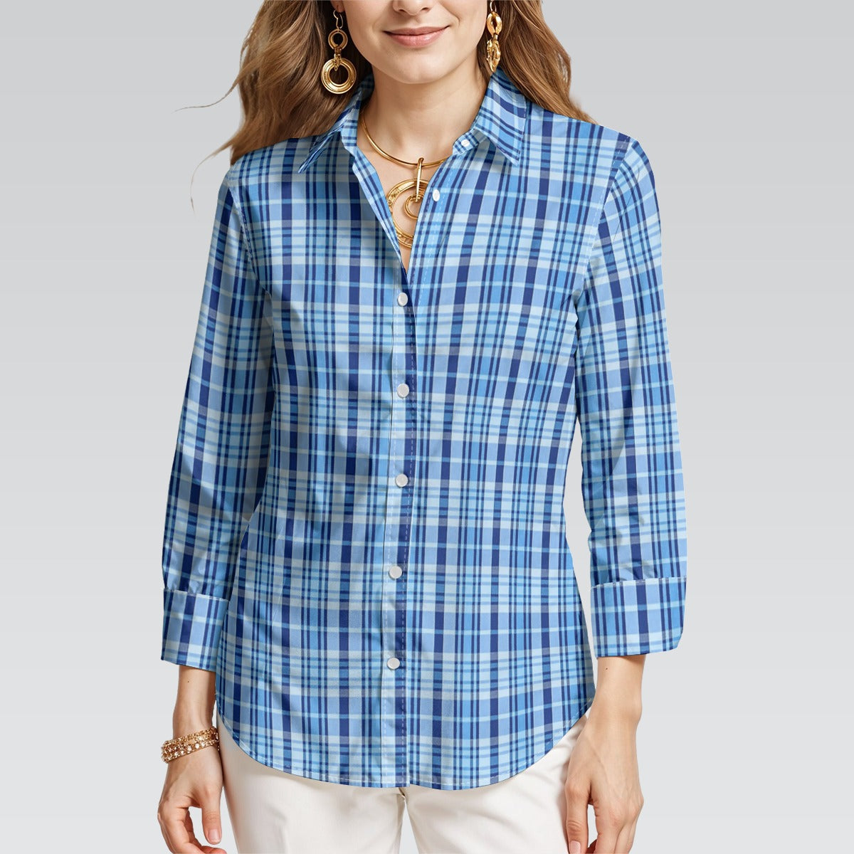 North Carolina Tartan Plaid Tar Heels Blue Women's 3/4 Sleeve Shirt