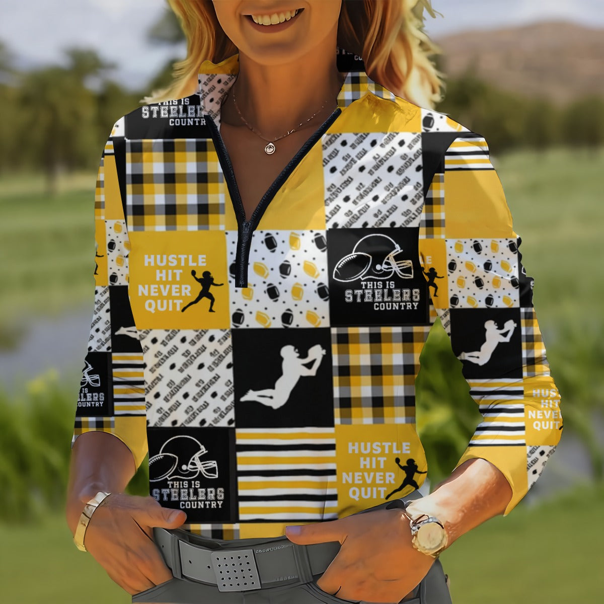 All-Over Print Women's Quarter Zip Sport Shirt With  Long Sleeve