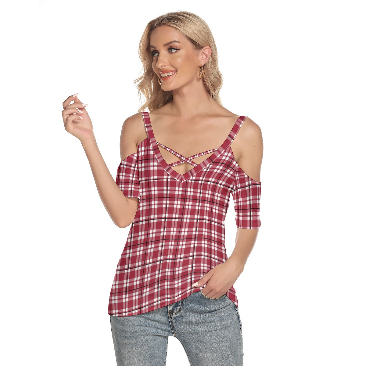 Alabama Tartan plaid Women's Cold Shoulder T-shirt With Criss Cross Strips