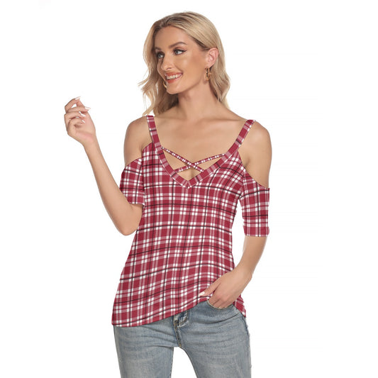 Alabama Tartan plaid Women's Cold Shoulder T-shirt With Criss Cross Strips
