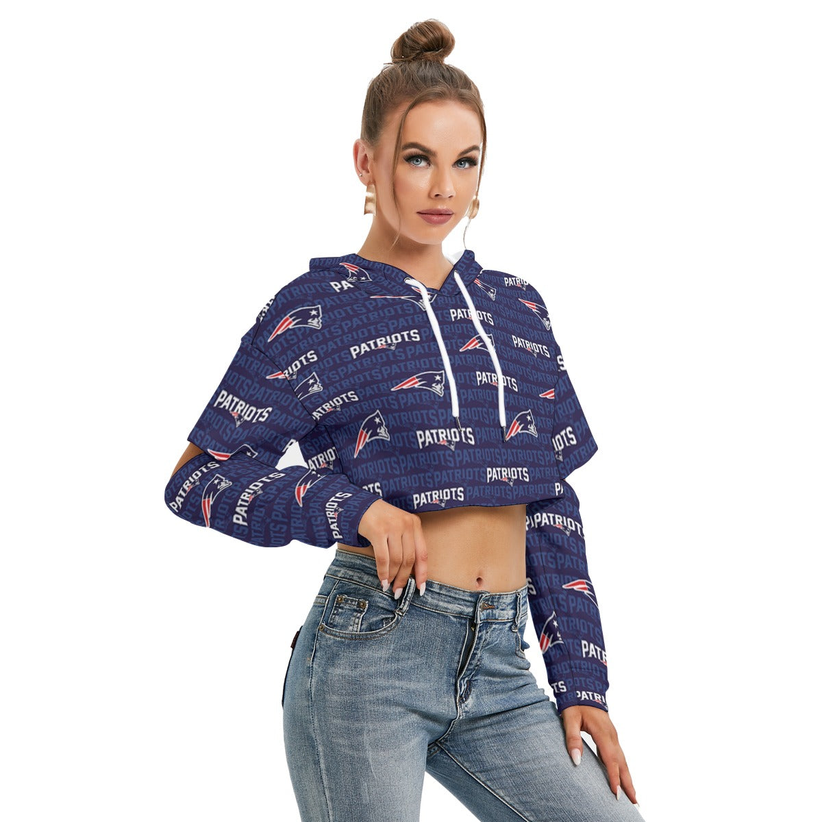 New England Football Game Day All-Over Print Women's Heavy Fleece Hoodie With Hollow Out Sleeve