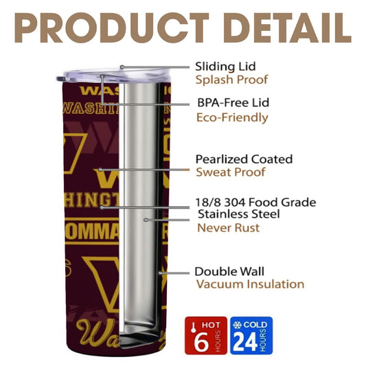Washington Commanders Skinny Tumbler Stainless Steel with Lids 20OZ