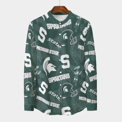 Michigan State  - Spartans Stand Collar Shirt With Long Sleeve|110GSM Imitation Flax