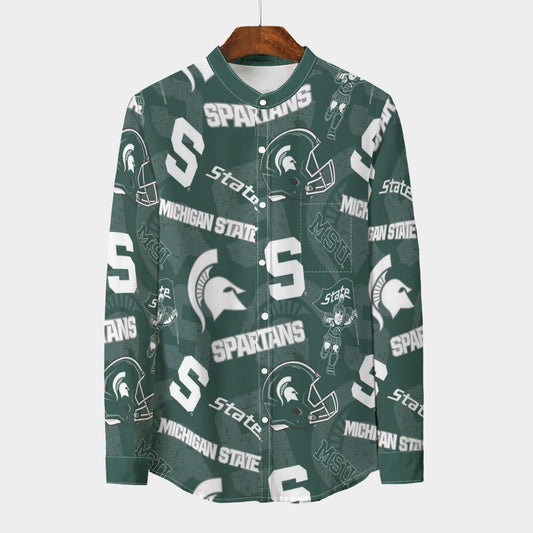Michigan State  - Spartans Stand Collar Shirt With Long Sleeve|110GSM Imitation Flax