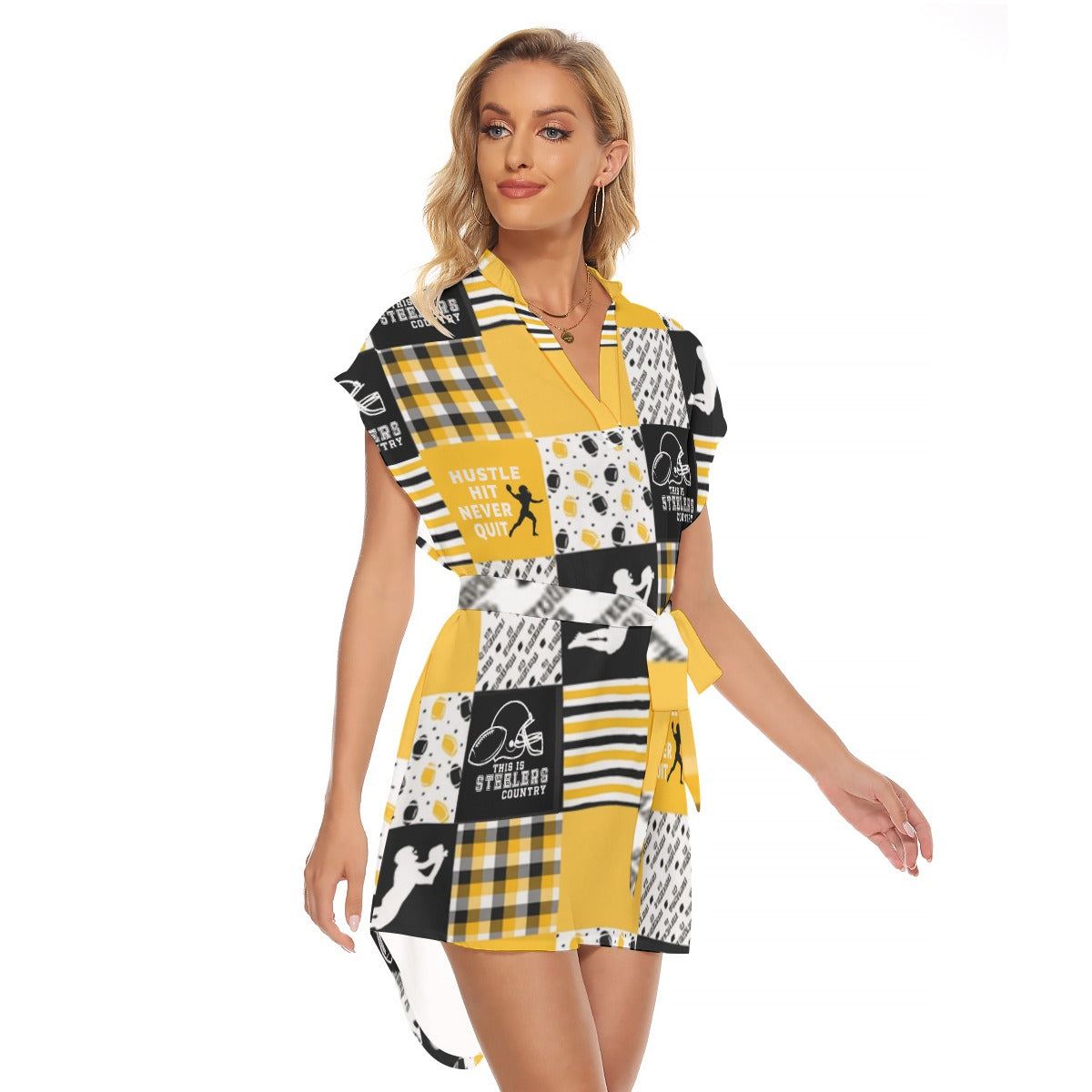 All-Over Print Women's Stand-up Collar Casual Dress With Belt
