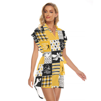 All-Over Print Women's Stand-up Collar Casual Dress With Belt