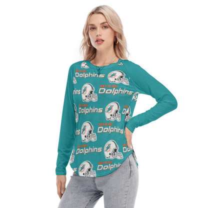 Miami Football Game Day All-Over Print Women's Raglan Sleeves U-Shaped Hem Long Sleeves Blouse