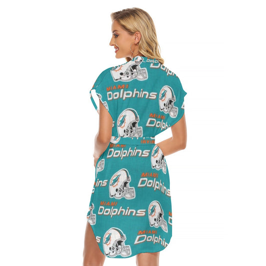 Miami Football Game Day All-Over Print Women's Stand-up Collar Casual Dress With Belt