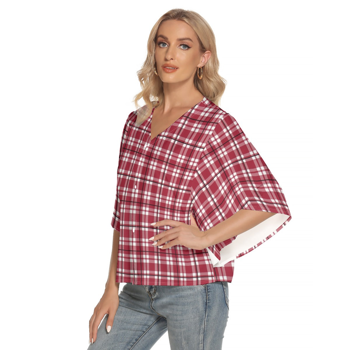 Alabama Tartan plaid  Women's Bat Sleeve Light V-neck Front Buttoned Top
