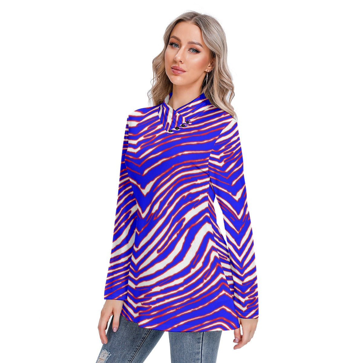 Buffalo Bills Zubaz Women's Long-sleeved Heap-neck Slim Casual Tunic Blouse