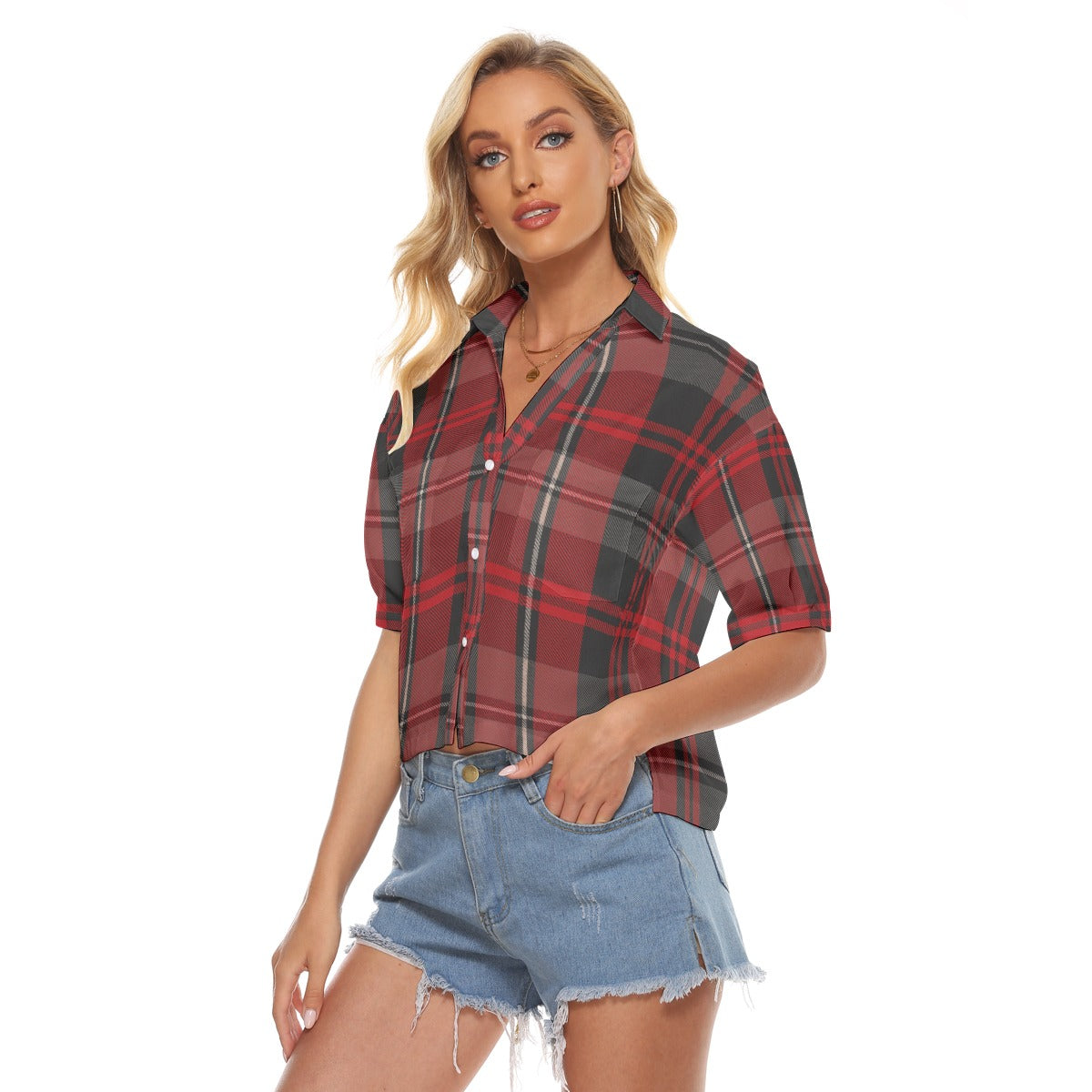 Urban Legend New Mexico Lobos Tartan Plaid Women's V-Neck Shirt – Red, Silver, and Black College Str