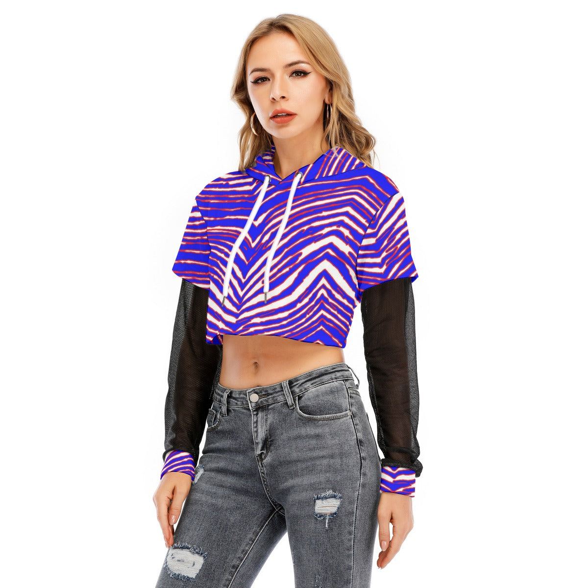 Buffalo Bills Zubaz Women's Fake Two-piece Mesh Sleeve Cropped Hoodie