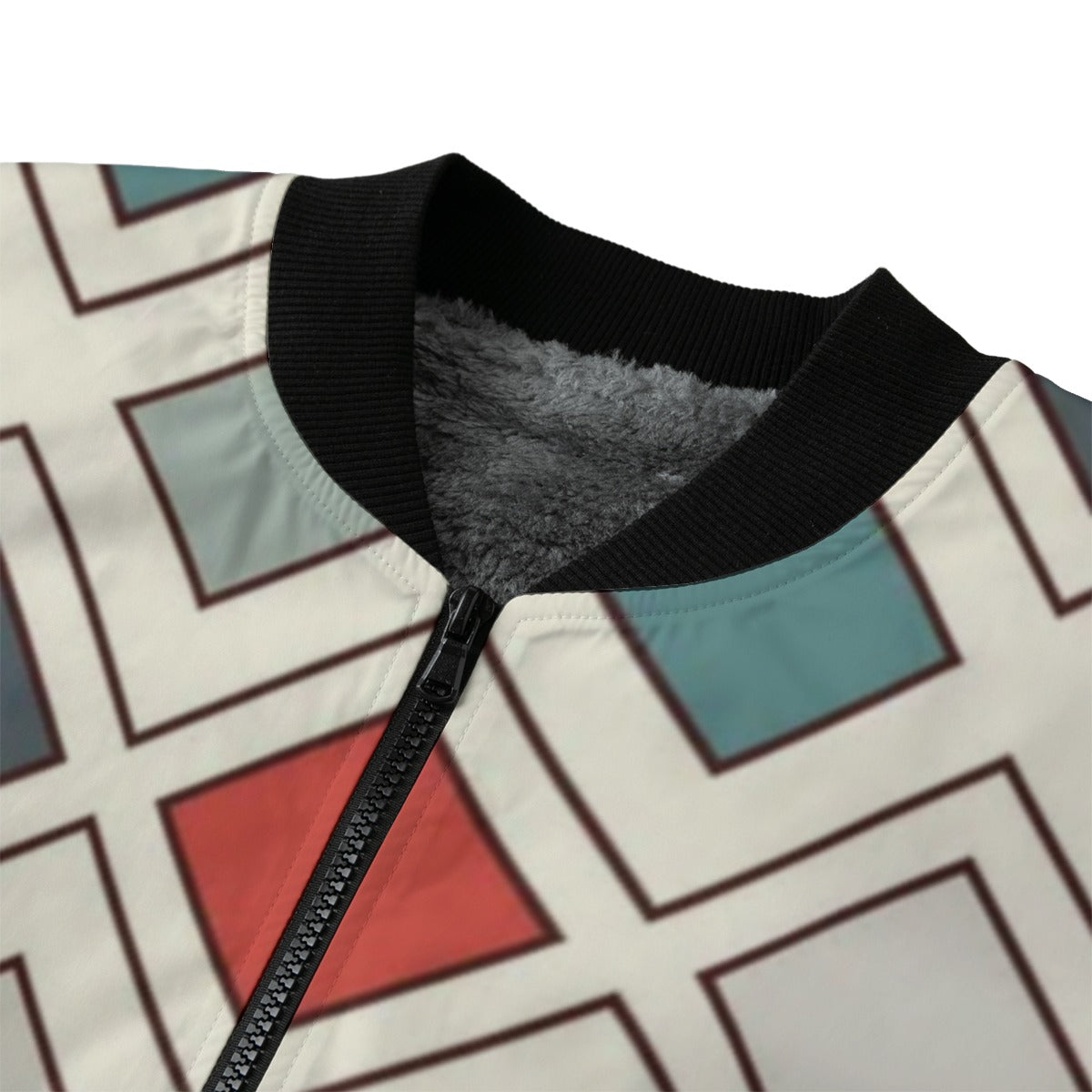 BoomBox Vibes Repeated Diamonds Geometric Fleece Bomber Jacket – Modern Streetwear Style