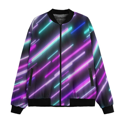 Neon Nights Flying Neon Lights Abstract Fleece Bomber Jacket – Festival Streetwear Glow