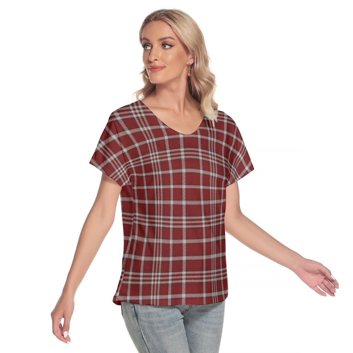 Alabama Tartan plaid Women's Loose V-neck Short Sleeve T-shirt