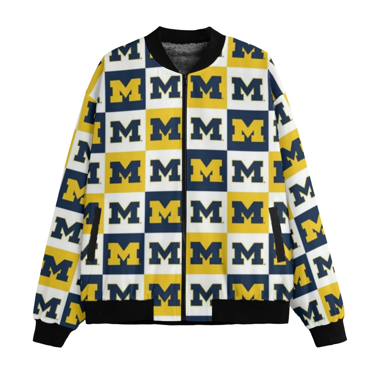Jacket with pattern of 'M' logos in blue, yellow, and white on a white background