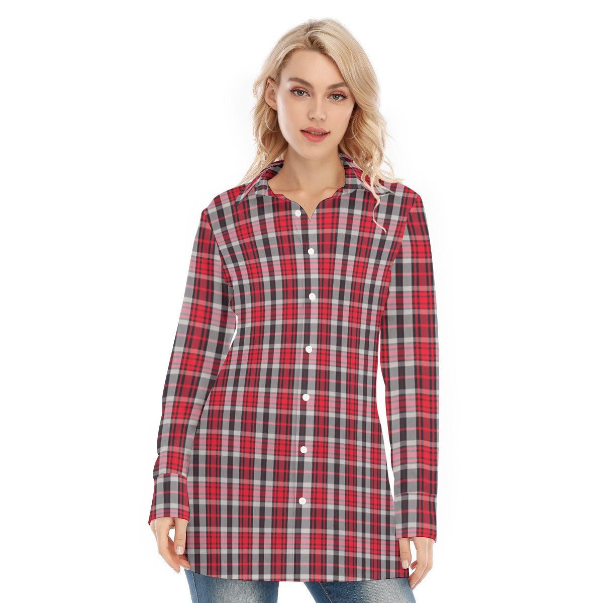 New Mexico Tartan Plaid Lobos Women's Long Shirt |115GSM Cotton poplin