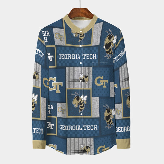 Georgia - Yellow Jackets Stand Collar Shirt With Long Sleeve|110GSM Imitation Flax