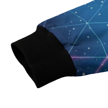 Neon Nights Retrofuturistic Space Background Fleece Bomber Jacket – Cosmic Streetwear Vibes