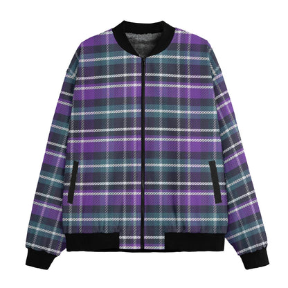 Plaid jacket with purple and green pattern on a white background