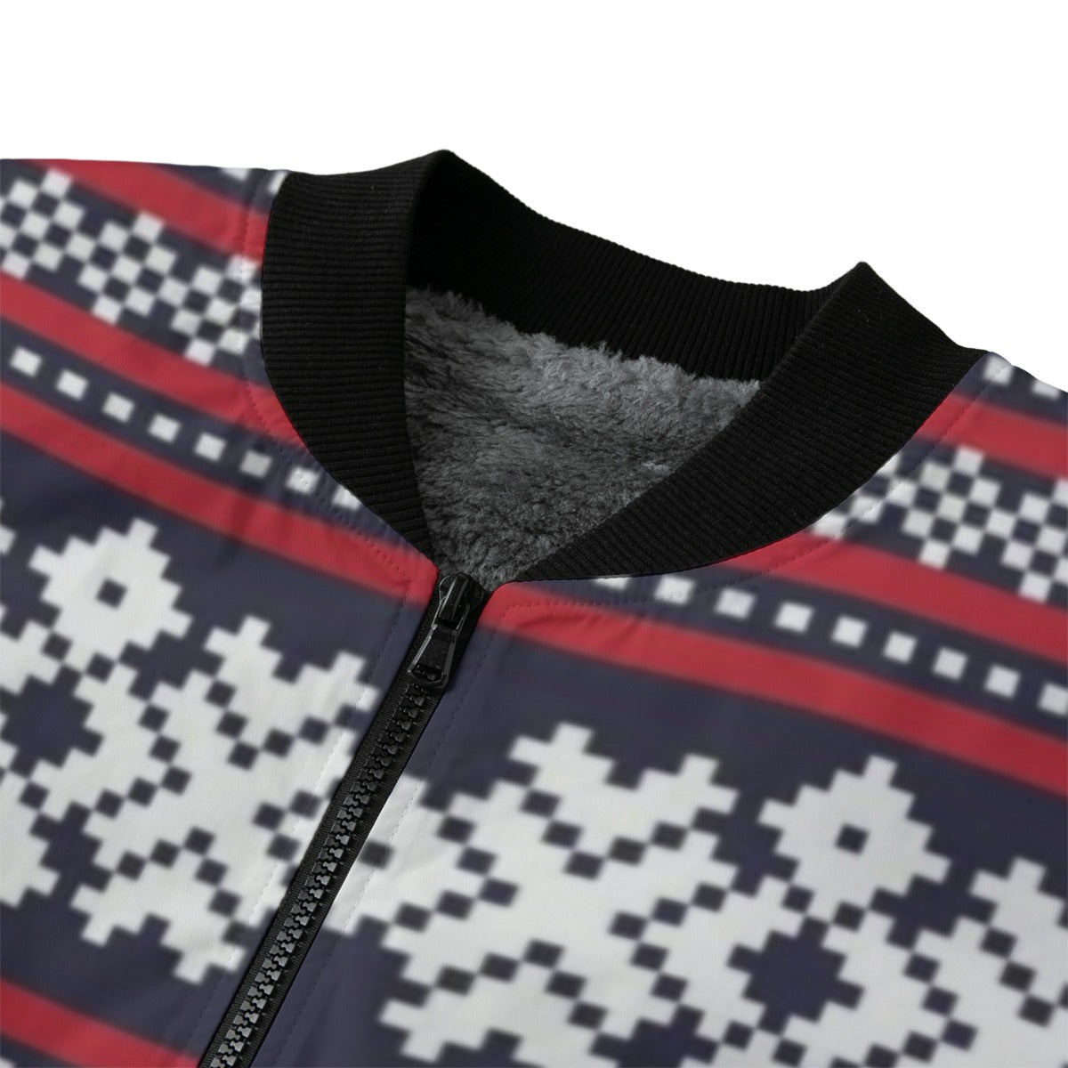 Urban Legend Snow Inspired Red Christmas Fair Isle Pattern Fleece Bomber Jacket