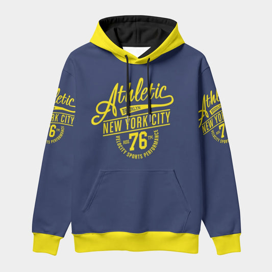 Blue hoodie with yellow accents and 'Athletic New York City' text on a white background