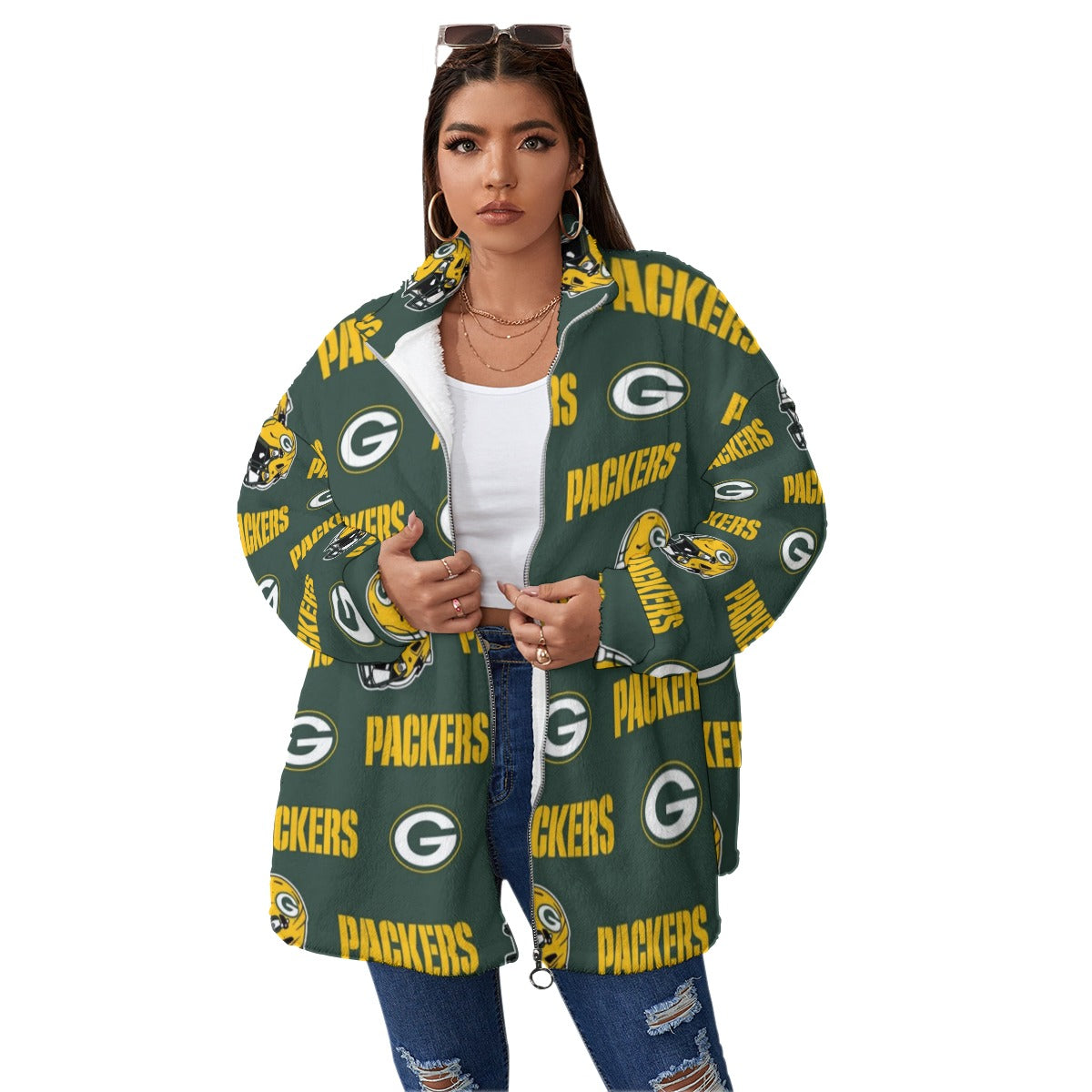 Green Bay Football Game Day All-Over Print Unisex Borg Fleece Stand-up Collar Coat With Zipper Closure(Plus Size)