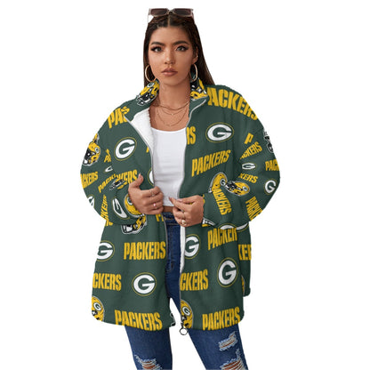Green Bay Football Game Day All-Over Print Unisex Borg Fleece Stand-up Collar Coat With Zipper Closure(Plus Size)