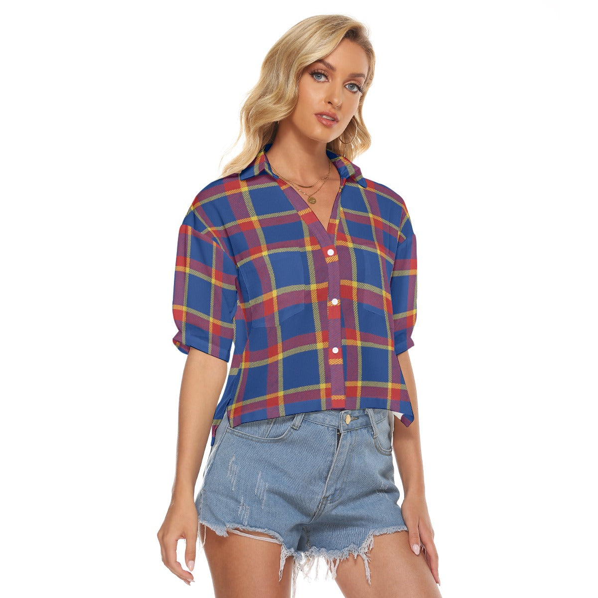 Urban Legend Kansas Jayhawks Tartan Plaid Women's V-Neck Shirt – Blue, Crimson, and Yellow College S