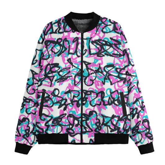 Wildstyle Graffiti Doodle Pattern Pink White Green Fleece Bomber Jacket