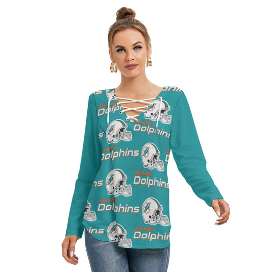 Miami Football Game Day All-Over Print Women's Long Sleeve Neckline Tie Sweatshirt
