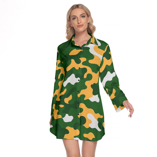 Green Bay Football Game Day All-Over Print Women's Lapel Shirt Dress With Long Sleeve